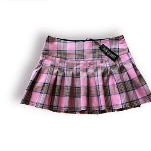 Current Mood Baby Catch A Ride Pleated Skirt pink plaid raw hem sz M